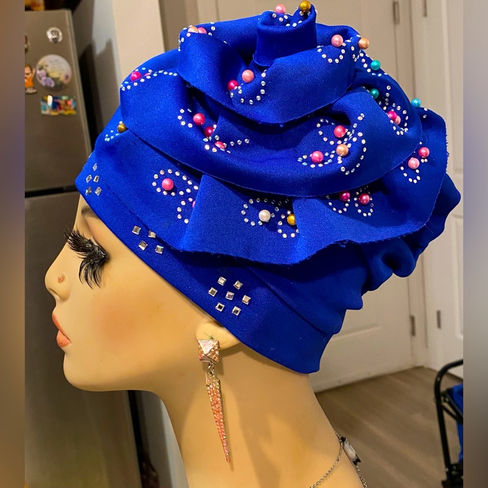 Handmade Royal Blue Beaded Beanie Flower Hat Multicolor